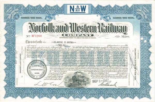 Norfolk and Western Railway Co. - Stock Certificate